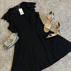 NWT Black Midi Dress with Lace Cap Sleeves - Elegant Evening Midi